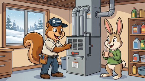 Squirrel technician inspecting a home furnace while a rabbit homeowner relaxes in a cozy winter setting.