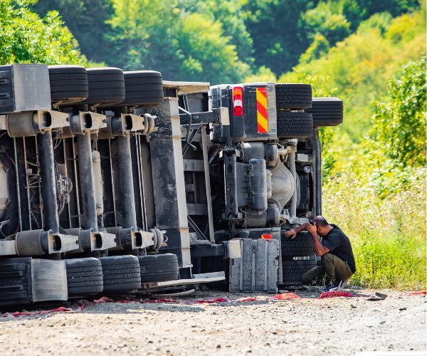 a trucker looking at his overturned truck