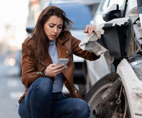 a woman making a call next to her wrecked car