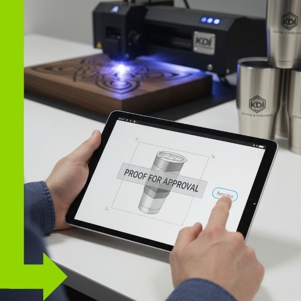 Product being engraved while another is being sent for approval