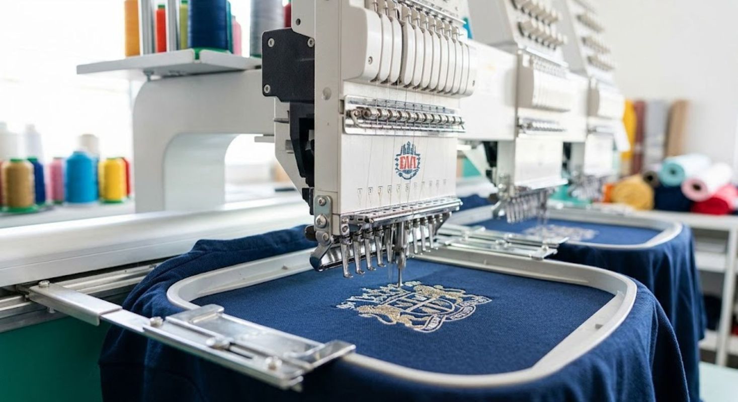 embroidery machine putting a design on fabric