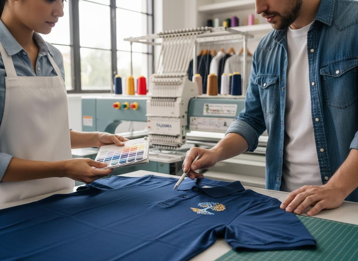 People selecting colors for custom embroidery