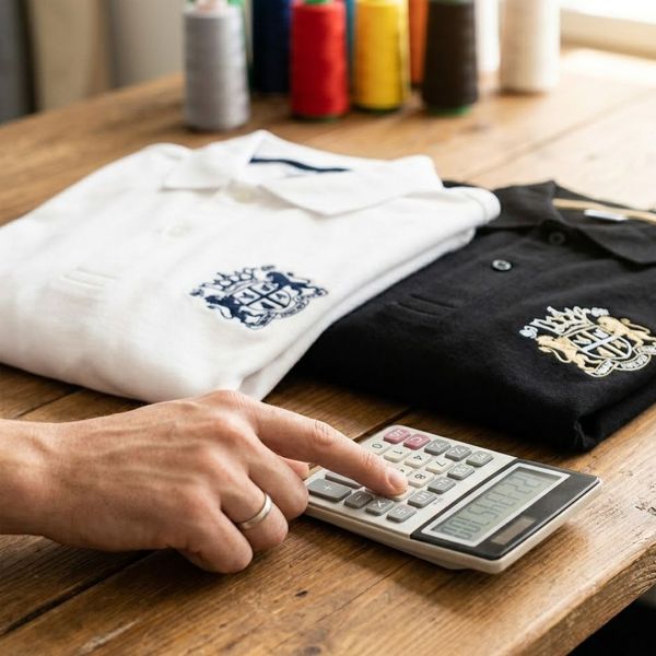 someone using a calculator next to two embroidered shirts