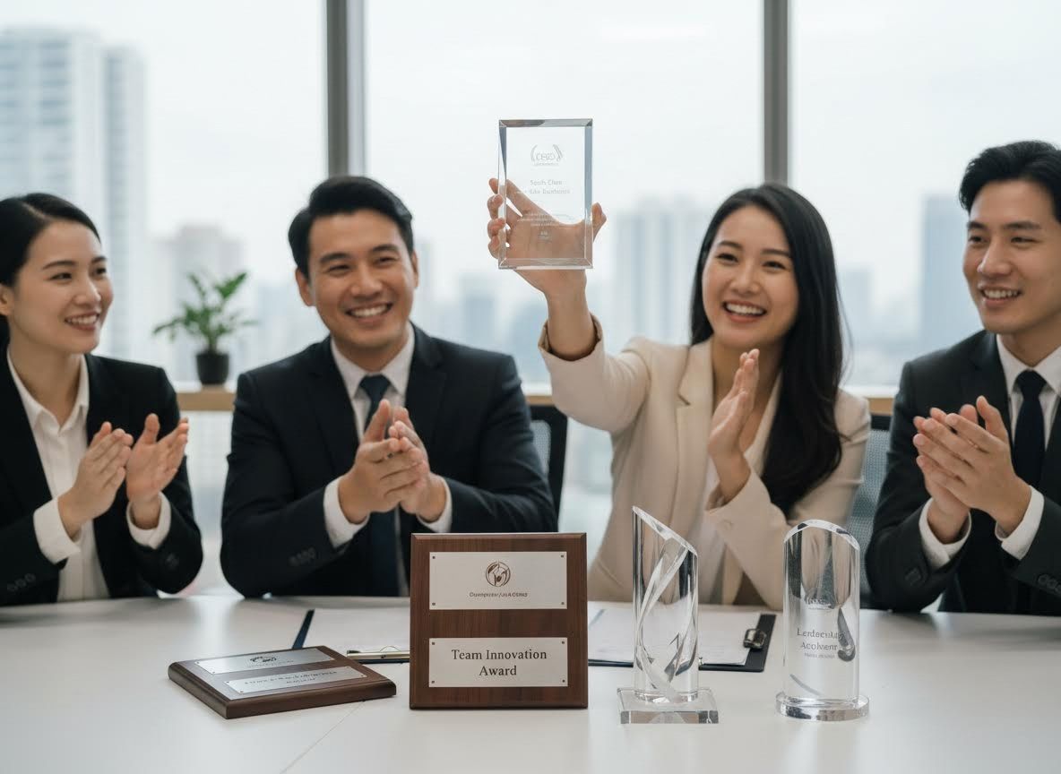 Four diverse professionals celebrating team success with awards in an office