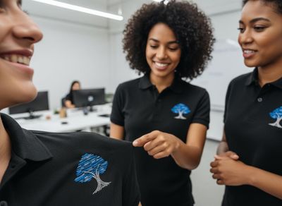 Women in branded polo shirts in an office
