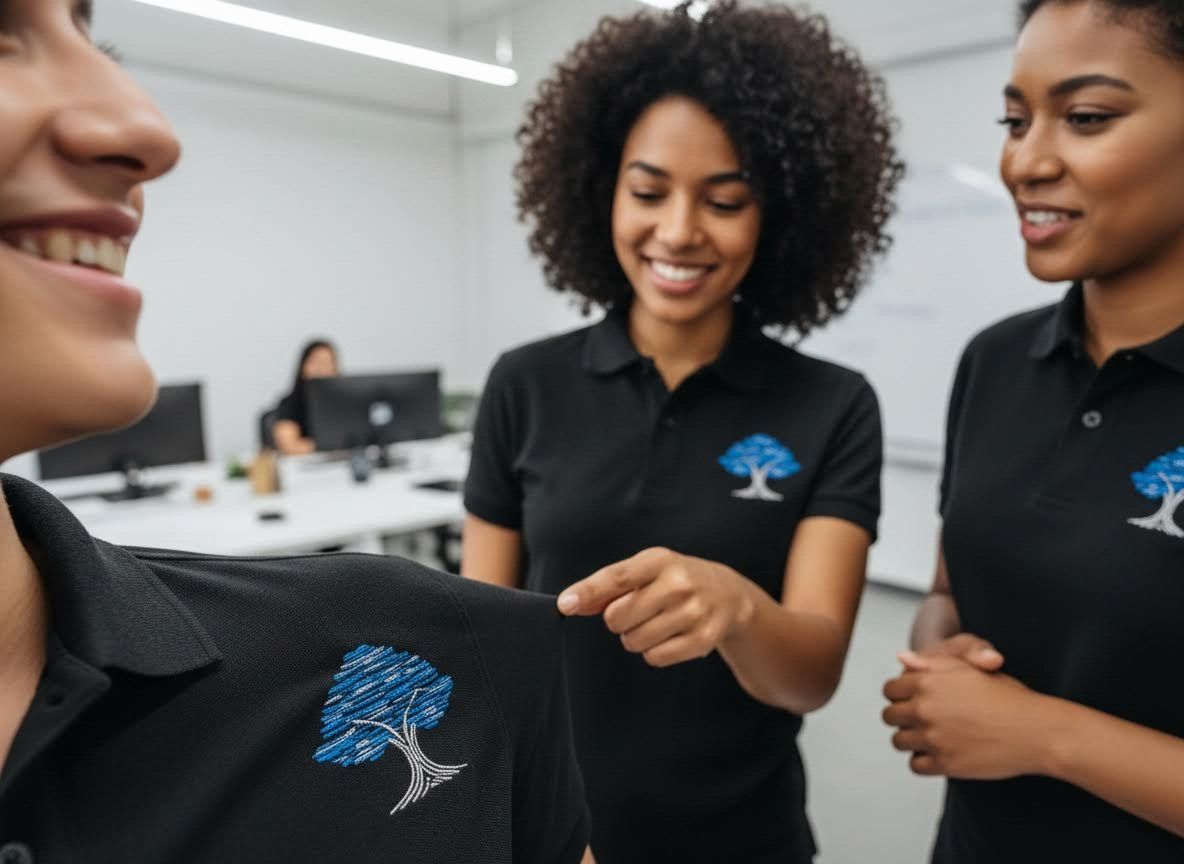 Women in branded polo shirts in an office