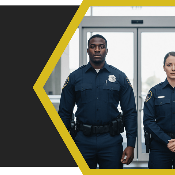 Close-up of two diverse, professional security guards (one armed, one unarmed) in crisp uniforms standing alertly at a commercial building entrance, representing readiness and deterrence.