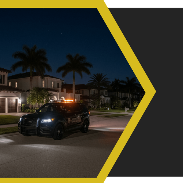 Marked security patrol vehicle with flashing amber lights driving slowly through a quiet, upscale St. Pete Beach residential community street at night.