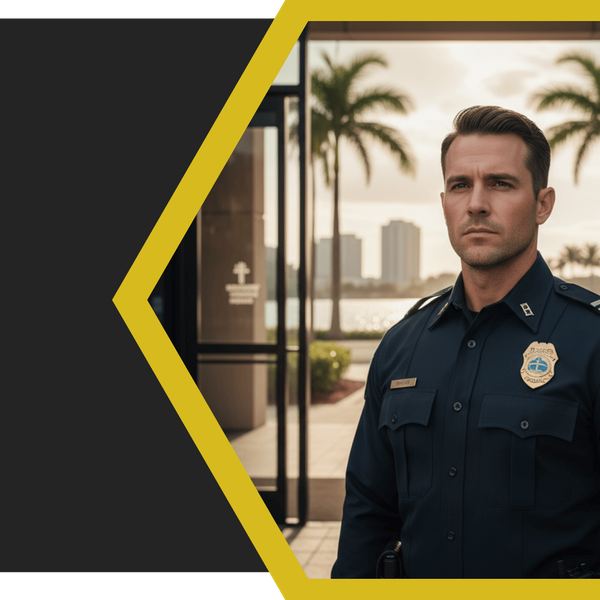 A professional, uniformed security guard from Godly Security Agency standing alertly in front of a modern commercial building in Clearwater, Florida, symbolizing protection and peace of mind.