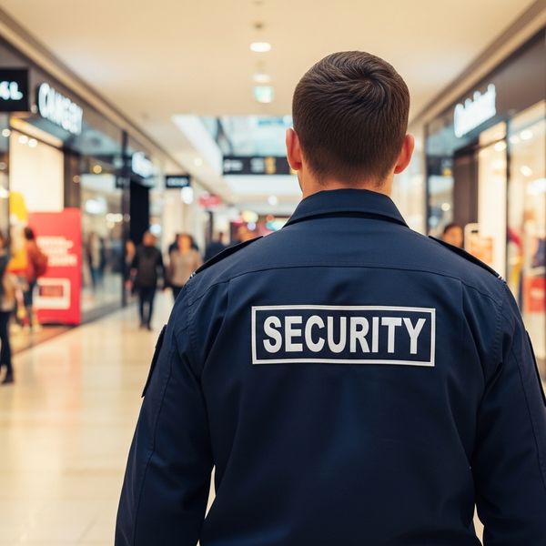 Professional security guard patrolling a retail shopping area