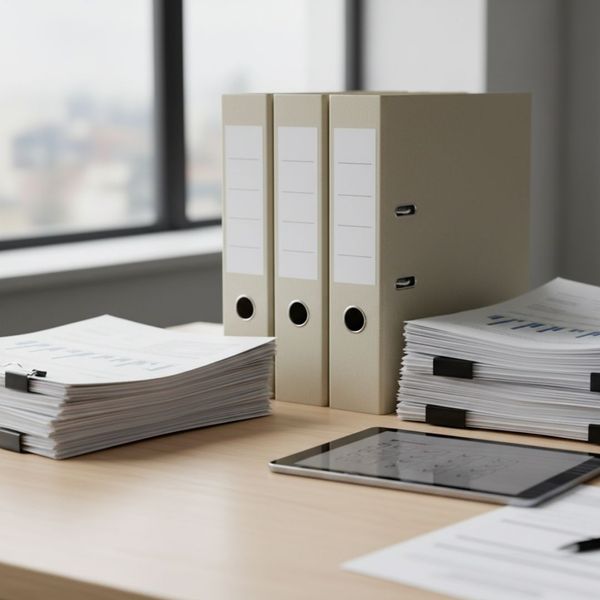 A neat stack of official-looking compliance documents and organized paperwork sits on a modern office desk. A neat stack of official-looking compliance documents and organized paperwork sits on a modern office desk.