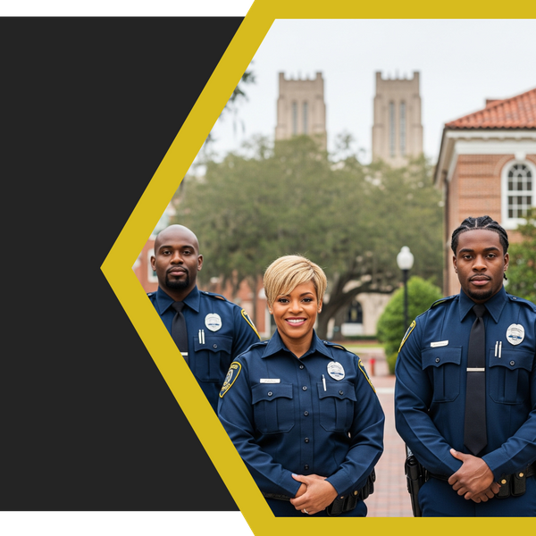 Security guards outside of a campus Security guards outside of a campus