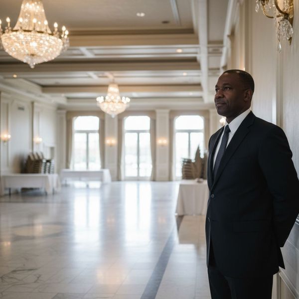 A security guard in a dark suit stands discreetly, observing a large, elegant, and empty event hall before guests arrive. A security guard in a dark suit stands discreetly, observing a large, elegant, and empty event hall before guests arrive.