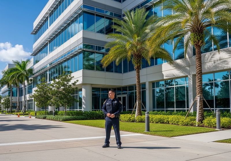 Uniformed security guard providing professional protection at a modern Florida commercial property Uniformed security guard providing professional protection at a modern Florida commercial property