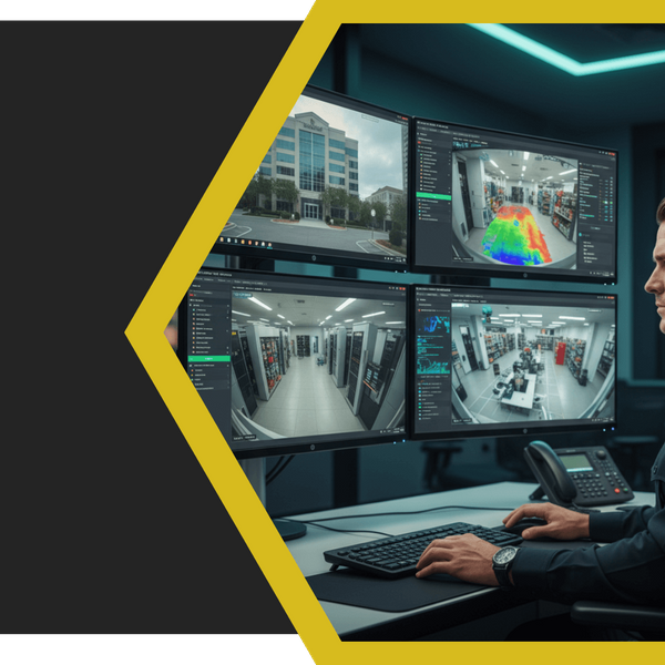 A focused security guard monitoring multiple screens in a clean, modern commercial security control room, illustrating professional corporate protection and surveillance.