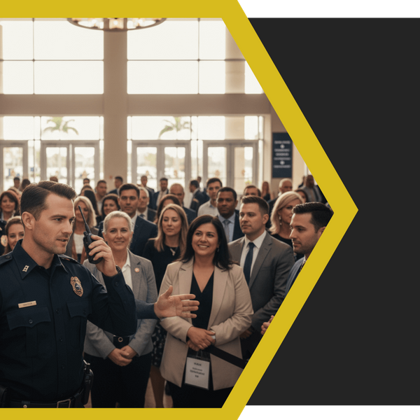 Uniformed security personnel politely directing guests at the entrance of a busy, large special event or conference, showcasing expert crowd management and event security.