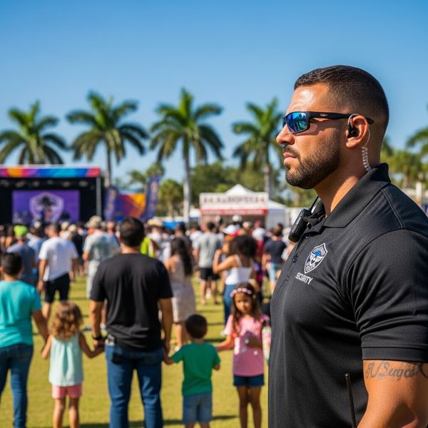 Professional event security guard monitoring a large crowd at a Florida event