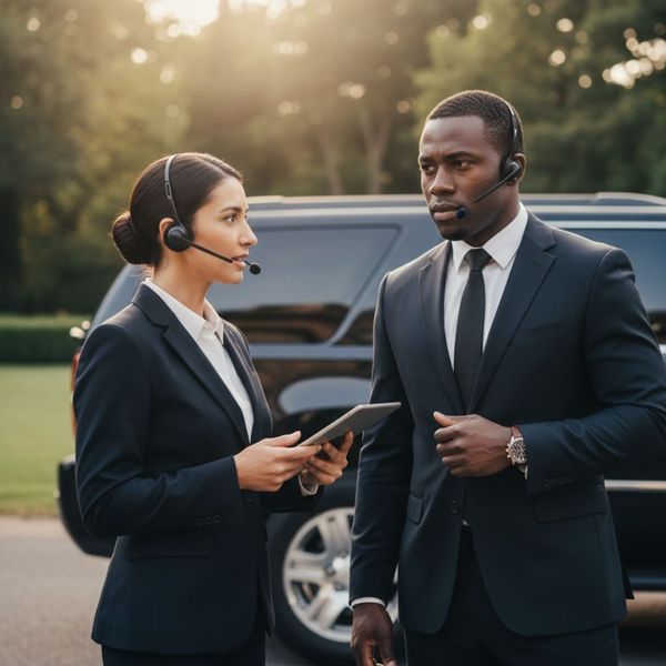 Two security staff communicating clearly with headsets outdoors Two security staff communicating clearly with headsets outdoors