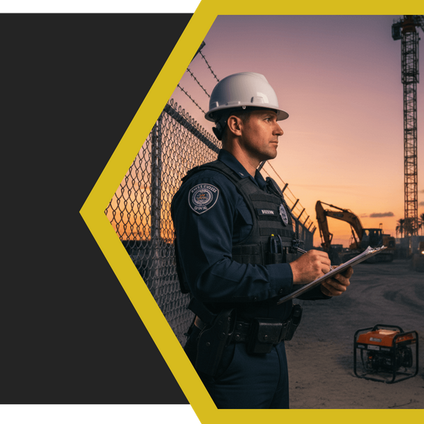 A uniformed security officer standing near a chain-link fence on a dusty construction site, reviewing a clipboard and looking toward heavy equipment, illustrating asset protection and site monitoring.
