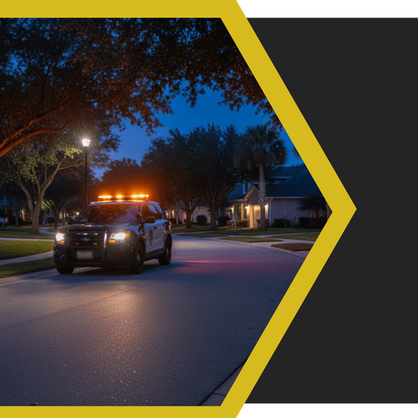 A mobile security patrol vehicle with its non-emergency amber light bar flashing, driving along a quiet, well-maintained residential street or commercial lot at night, showing comprehensive area coverage.