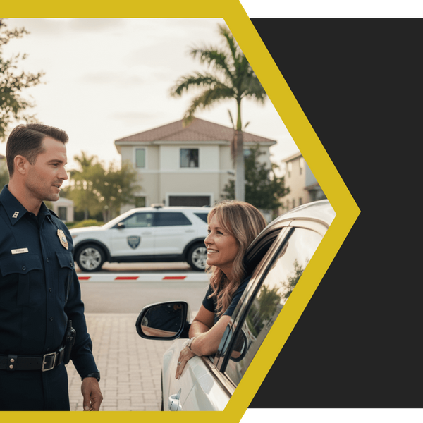 A Godly Security Agency guard speaking politely to a resident at the controlled access gate of a well-maintained, tranquil residential community, representing residential security and access control.