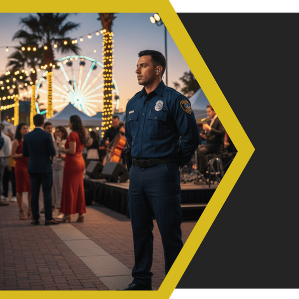 A subtle, candid shot of a professional security guard monitoring a crowd at a large, bustling outdoor event, their gaze watchful but their posture non-intrusive, depicting effective crowd control and safety.