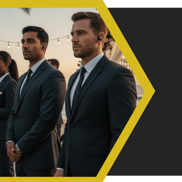 Security team members in dark suits communicating via earpieces while managing crowd flow at the entrance of an elegant outdoor beachside special event at twilight.