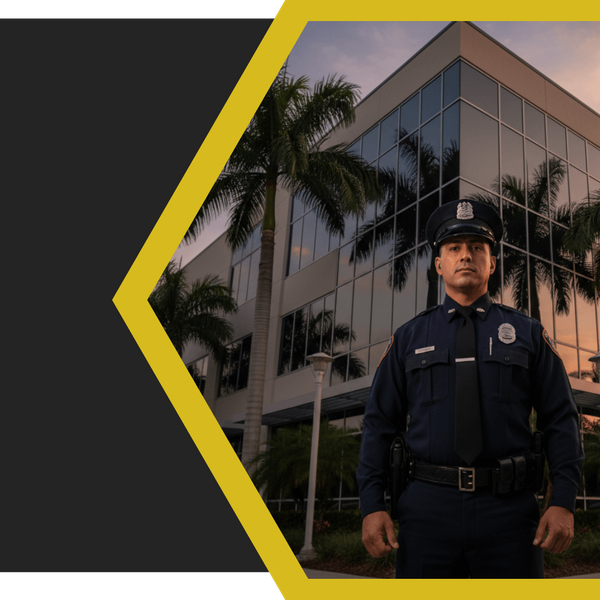 A wide-angle, cinematic view of a professionally dressed, uniformed security guard standing confidently in front of a modern commercial building at dusk, with palm trees visible in the background, suggesting a Florida location.