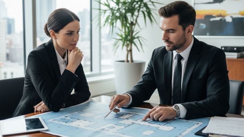 A professional security consultant points to a section of an event blueprint while discussing details with a client.