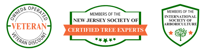 Badge 1: Veteran Owned and Operated / Veteran discount  Badge 2: Members of the new jersey society of certified tree experts  Badge 3: Members of the international society of arboriculture
