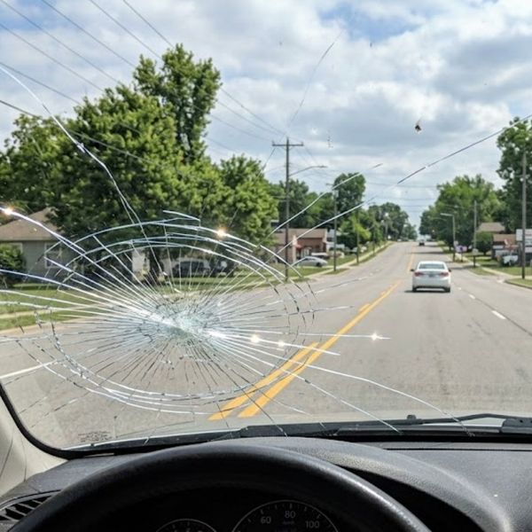 Driver's point-of-view looking through a cracked windshield at the road.