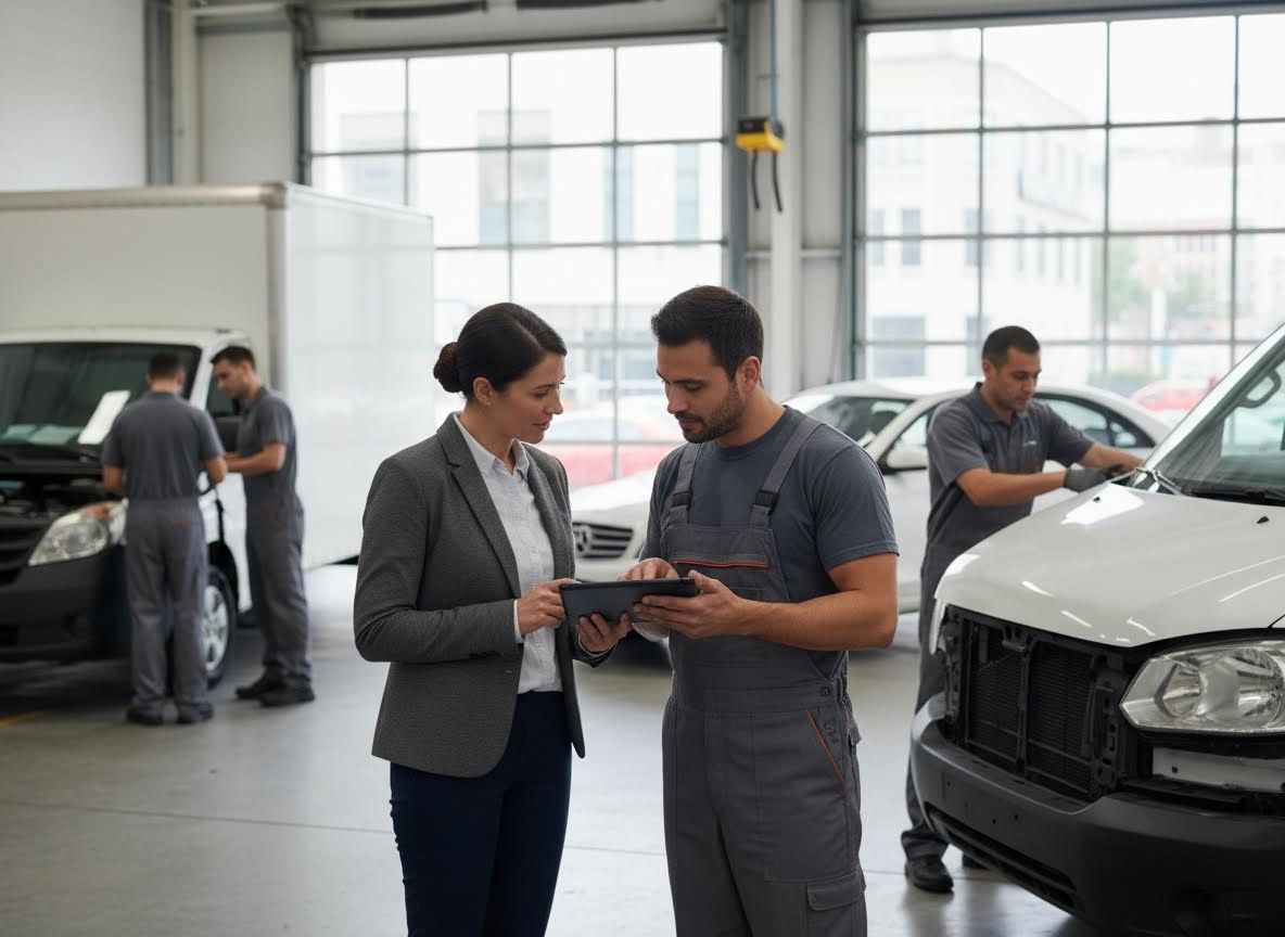 Auto Service Advisor and Mechanic Discussing on Tablet