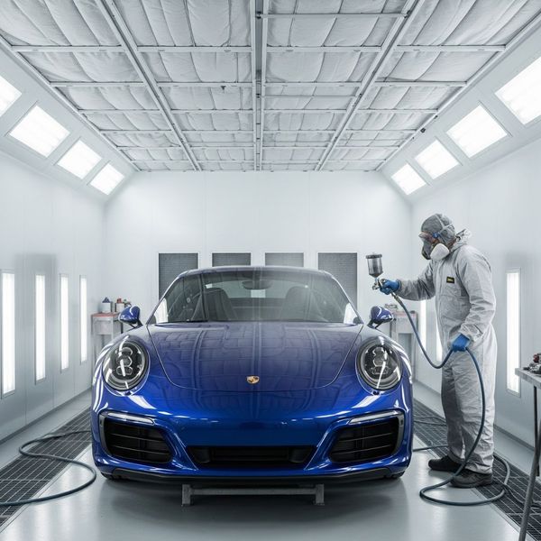 A car is being professionally painted in a state-of-the-art paint booth.