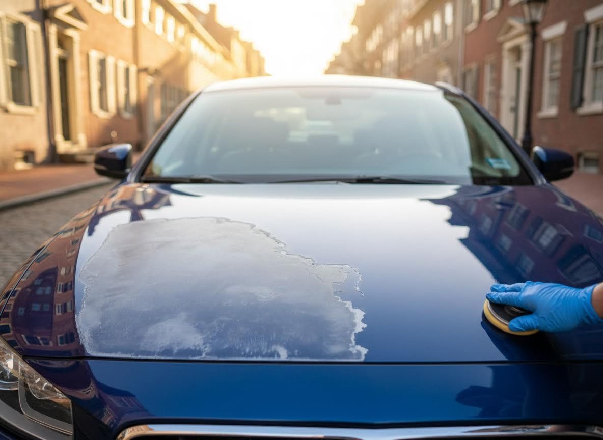 Person Polishing Blue Car Hood