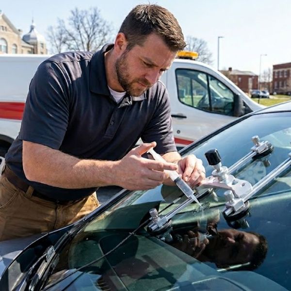 Technician successfully performing a windshield chip repair.