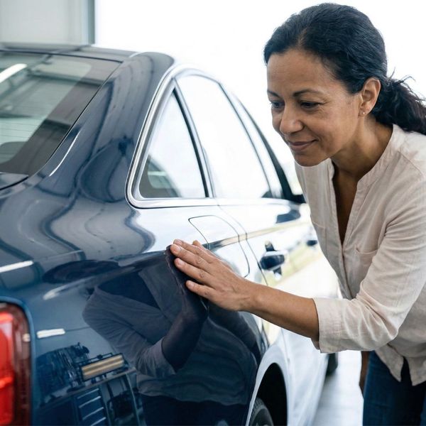 A customer runs their hand appreciating the flawless dent repair on the side panel of a dark blue sedan.