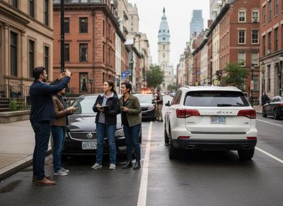 Four people, including a man taking photos and a woman writing notes, observe a wet city street with parked cars and distant Philadelphia City Hall. People surveying a city street with Philadelphia City Hall in the background