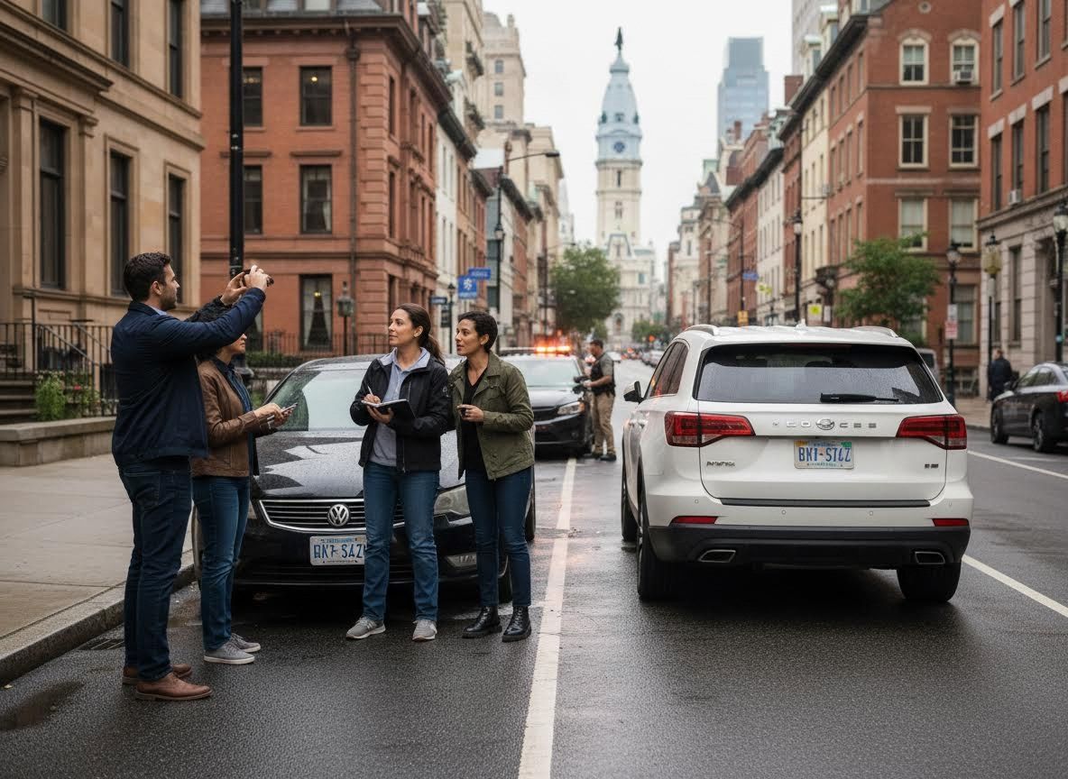 People surveying a city street with Philadelphia City Hall in the background