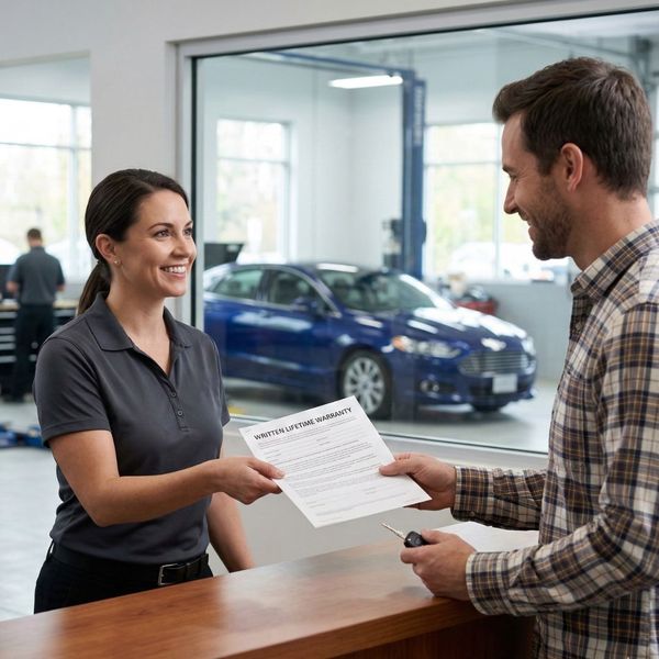 technician handing customer warranty sheet