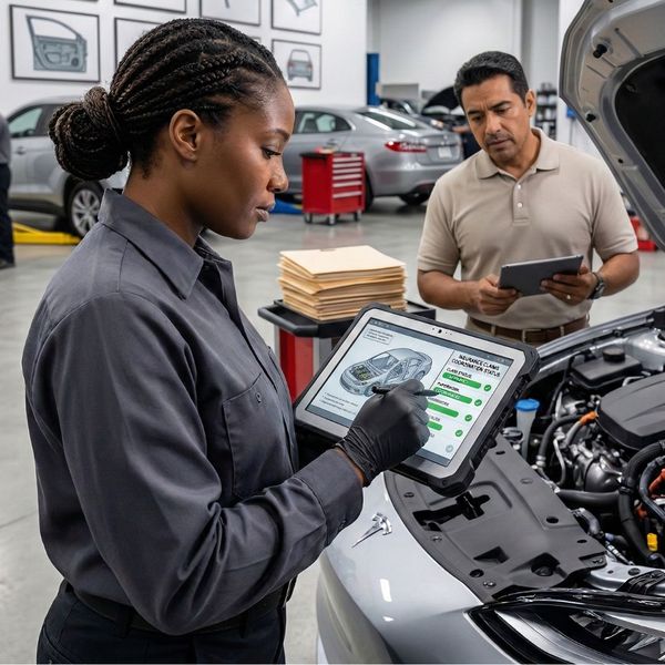 A professional stock image showing a close-up of a certified technician's hands using a high-tech computerized tablet to scan a vehicle's frame. The technician is wearing a clean, professional uniform with a subtle logo. The background shows a modern, orga