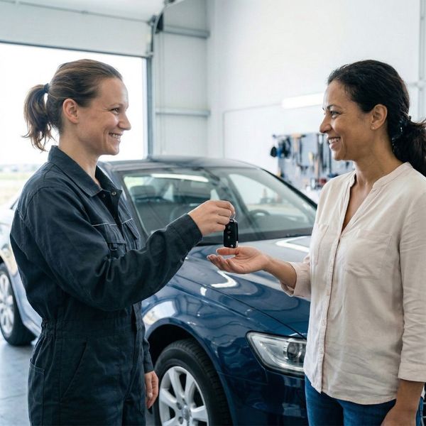 A happy customer smiles as a technician hands them the keys to their fully repaired vehicle near the auto body shop bay.