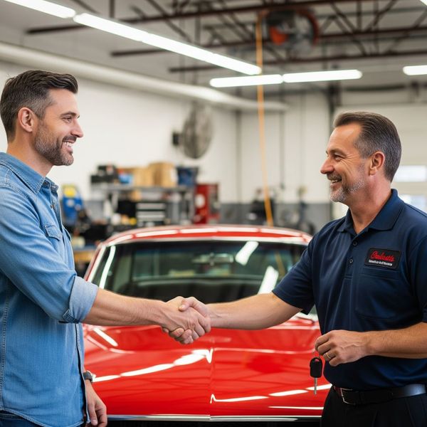 A happy customer shakes hands with the shop manager in front of a perfectly repaired car.