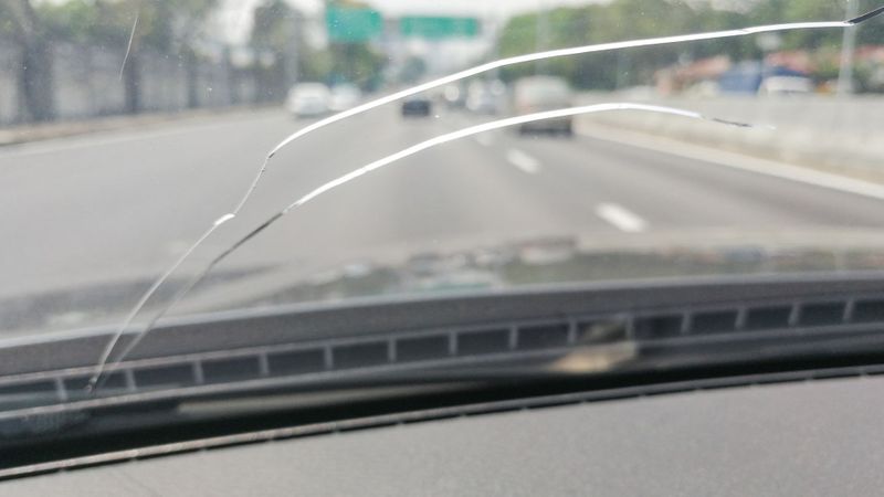 Cracked car windshield.