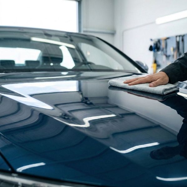 A close-up view of the highly reflective and flawless glossy paint surface on a dark blue sedan after successful hail damage repair.