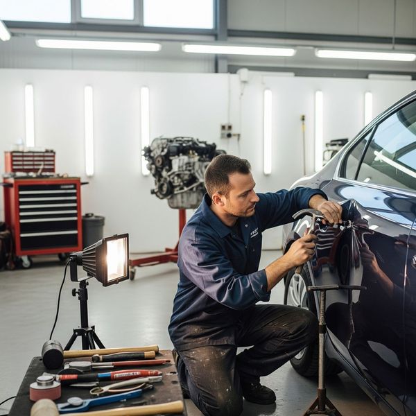 A focused mechanic skillfully repairs a dent on a car's side panel.