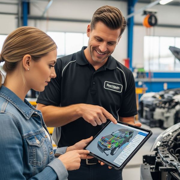  An auto body technician and a customer review vehicle damage on a tablet.