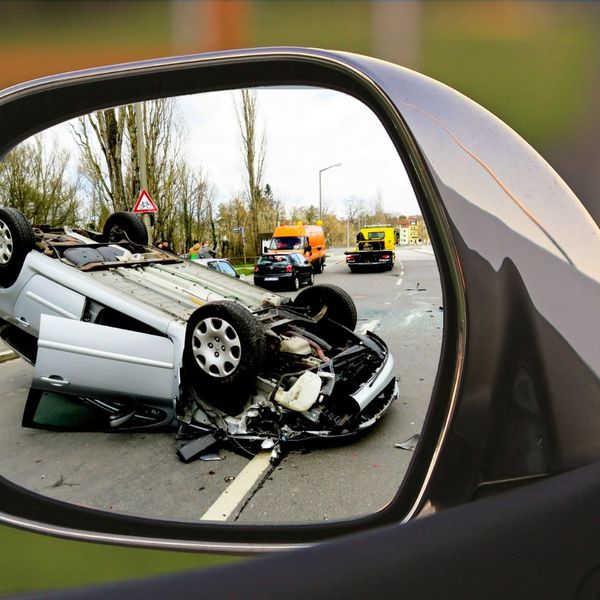 Rollover car crash in a sideview mirror.