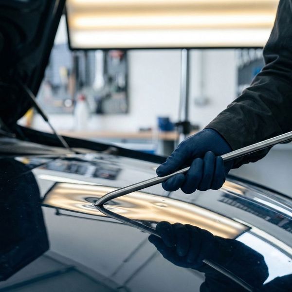 A detailed close-up shot of a technician’s hand using a precision Paintless Dent Repair rod to manipulate metal from behind a car panel.