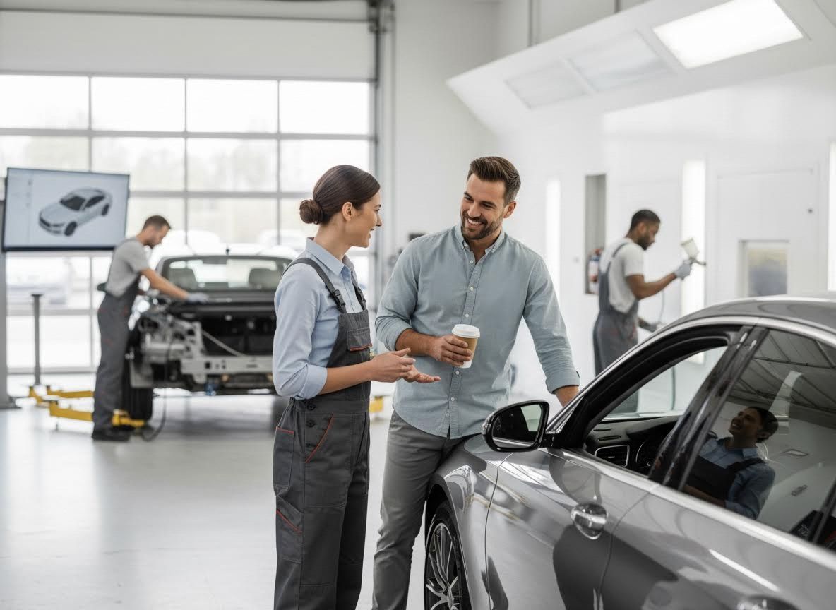 Female mechanic talking with customer in an auto repair shop