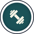 Circular icon with a white dumbbell on a teal background, symbolizing strength.